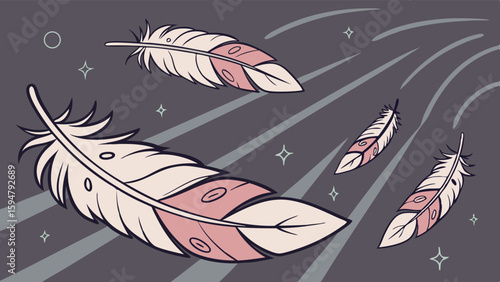 Light pink and dark pink feathers gently float on a deep grey background with subtle wavy lines and sparkling stars in a whimsical cartoon illustration.