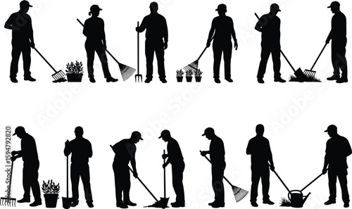 Gardening people silhouettes with tools and plants, black vector workers using rake, shovel, watering can, teamwork outdoor illustration