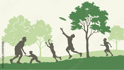 Green silhouette illustration of an active family playing frisbee in a park. People enjoying outdoor recreation with trees and rolling hills.