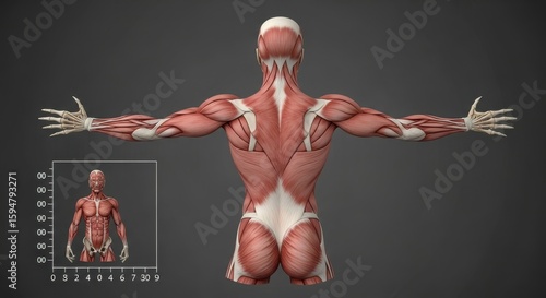 Detailed anatomical illustration of a female muscular system, showcasing back and upper body musculature.