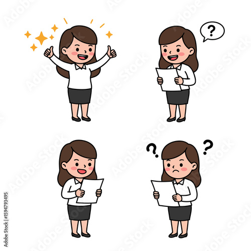 Four cartoon woman in skirt  blouse with question marks stars and a thumbsup