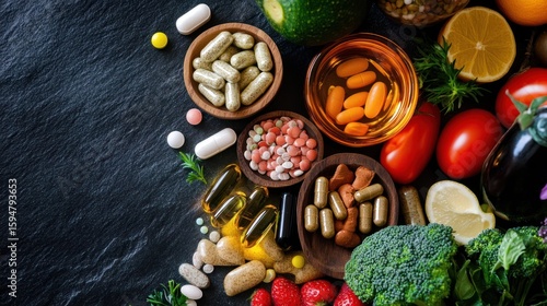 Natural supplements and vitamins with fresh vegetables assortment on dark stone