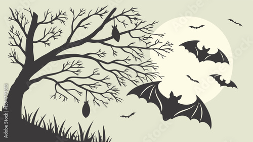 Eerie Halloween night silhouette featuring flying bats, a luminous full moon, and a gnarled bare tree. Spooky autumn vector illustration for dark themes.