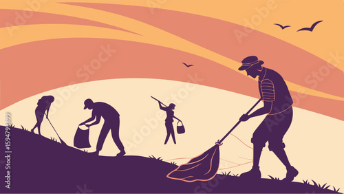 Silhouette volunteers clean up a vibrant sunset landscape, collecting litter with nets and bags. Community environmental conservation graphic art illustration.