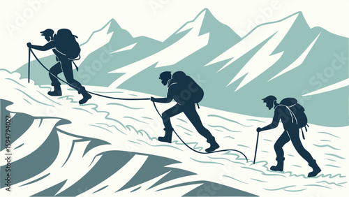 Three roped mountain climbers ascending a snowy alpine peak, minimalist flat design illustration of a winter mountaineering adventure and teamwork.