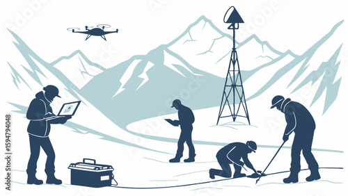 Researchers in a snowy mountain landscape collect environmental data using drones, a weather station, and field instruments. Blue scientific illustration.