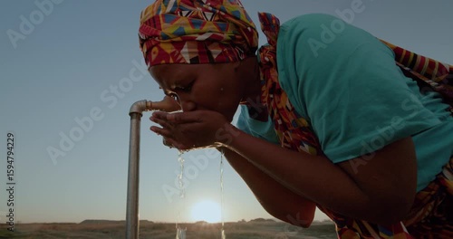 Backlit close-up of a Black African woman in traditional clothing drinking water from a faucet at sunset