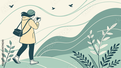 Minimalist illustration of a woman walking outdoors, looking at her phone in a serene nature landscape with rolling hills, plants, and flying birds, digital art.