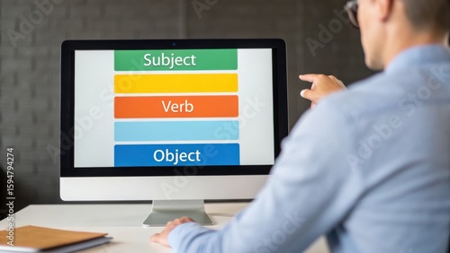 AI Language Learning Assistant Person interacting with a computer screen displaying grammar elements: Subject, Verb, Object.