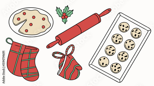 Festive Christmas Baking Illustration with Cookie Dough, Rolling Pin, Oven Mitts, and Unbaked Holiday Cookies on a Baking Sheet. Perfect for Winter Recipes.