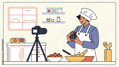 Chef filming cooking process with camera on tripod in kitchen setting with food and utensils