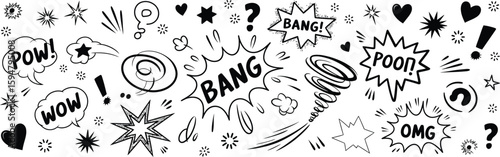 Hand Drawn Comic Speech Bubbles with Explosion Signs, Stars & Hearts on White