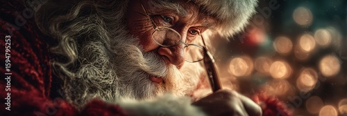 Santa Claus writing a letter in a cozy room decorated for Christmas with warm lights in the background