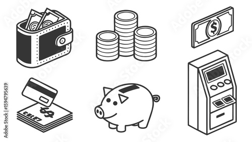 Vector set of money icons including coin, bank, piggy bank, wallet, and dollar currency symbols for finance and business illustrations