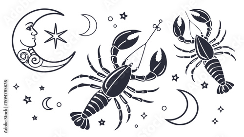 Monochrome Cancer zodiac sign illustration with two stylized lobsters, a crescent moon face, celestial stars, and a plain moon. Mystical astrology graphic art.