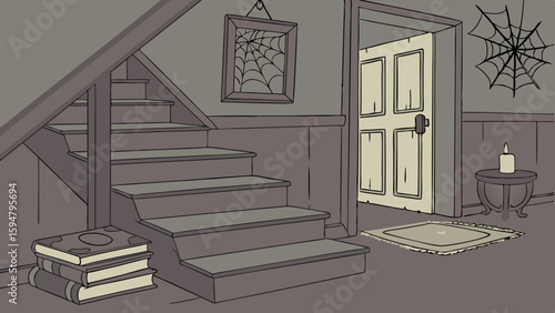 Spooky haunted house interior illustration with old wooden stairs, an open door, spiderweb decor, a lit candle, and vintage books, perfect for Halloween.