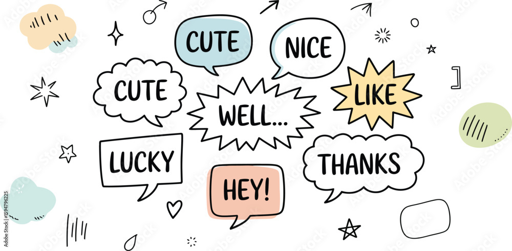 Fototapeta premium Hand Drawn Speech Bubbles with Cute, Nice, Well, Thanks, Hey! on White Background