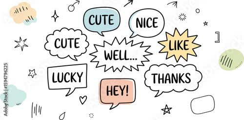 Hand Drawn Speech Bubbles with Cute, Nice, Well, Thanks, Hey! on White Background