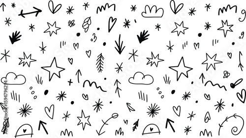 Hand Drawn Stars, Arrows, Clouds and Hearts Doodle Pattern on White Background