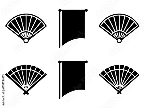 Collection of black and white icons featuring japanese fans and banners
