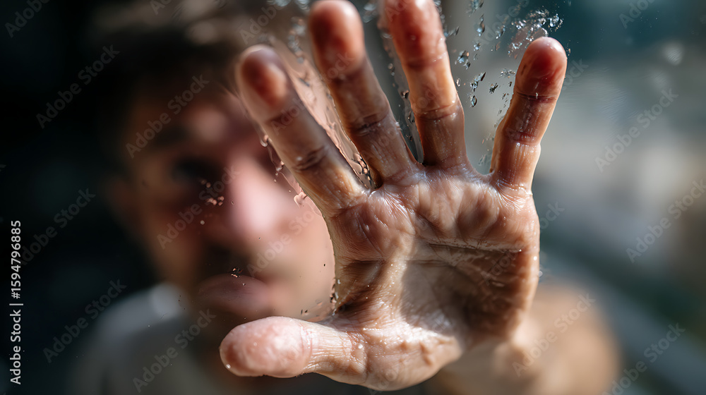 Struggling to Break Free Enclosed Man Behind Glass Emotional Portrait Urban Setting Close-up View Isolation and Longing