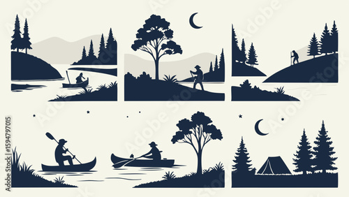 Outdoor Adventure Wilderness Silhouette Vector Set Camping Kayaking Fishing Hiking Scenes Nature Landscapes Trees Moon Stars Minimalist Monochrome Art