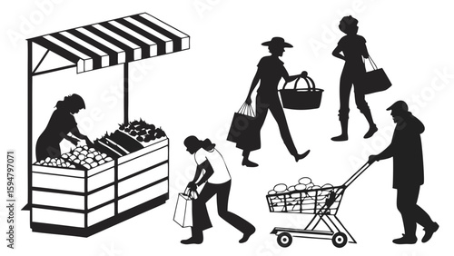 Black and white silhouette illustration of diverse shoppers and vendor at a bustling market, buying fruits, vegetables, carrying bags, baskets, and carts.