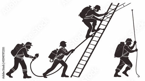 Black and white silhouette vector illustration of safety workers climbing a ladder pulling ropes and operating equipment for industrial emergency rescue operations
