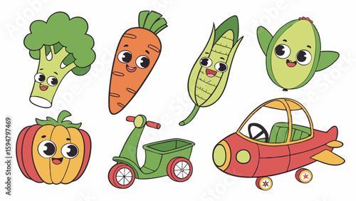 Cute cartoon happy vegetables and fruits including broccoli, carrot, corn, avocado, pumpkin, plus fun kids vehicles scooter and car illustration.