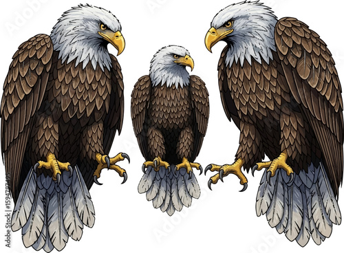 Three Majestic Eagles with Sharp Feathers in High Quality Vector Art