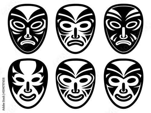 Mysterious Expressions: A selection of stylized tribal masks, each depicting a unique emotion, arranged to form a visual narrative of expressions and moods.