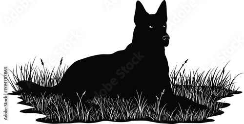 Silhouette of alert German Shepherd dog laying in grass, guard dog vector design, black dog illustration, pet animal pose