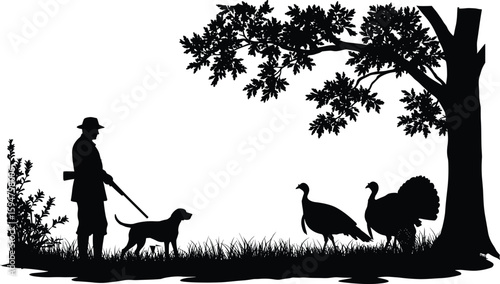 Silhouette of hunter with dog and wild turkeys in forest, wildlife scene, nature hunting concept, outdoor woodland background