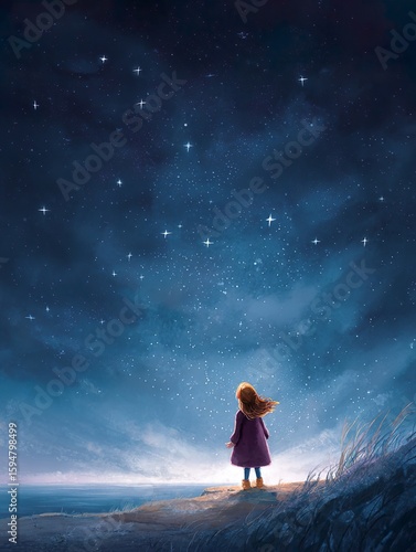 Dreamy Illustration of a Little Girl Gazing at a Starry Night Sky on a Cliff