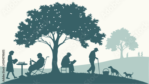 Relaxing park scene with older adults enjoying retirement leisure activities, including chess, reading, and walking dogs. Silhouette vector art.