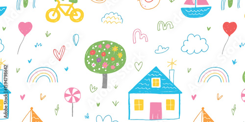 Playful HandDrawn Seamless Pattern with Houses, Rainbows and other Kids Elements