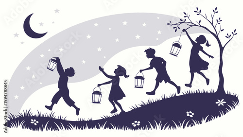 Dreamy monochrome illustration of children silhouettes, boys and girls, walking up a grassy hill at night, holding lanterns under a starry sky and crescent moon.
