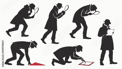 Dynamic Set of Black Silhouette Detectives Investigating Crime Scene Clues with Magnifying Glass and Notebook Vector Illustrations