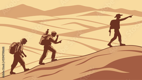 Sepia-toned illustration of three adventurers trekking uphill through a vast desert landscape, with the lead explorer pointing forward, symbolizing a challenging journey and leadership.