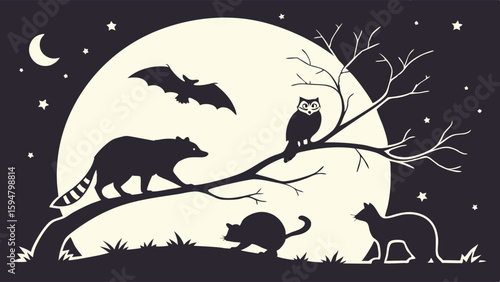 Monochromatic silhouette illustration of nocturnal wildlife under a full moon and starry sky. Features a raccoon, bat, owl, cat, and ferret on tree branches and the ground.