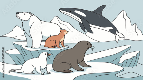 Detailed cartoon illustration of diverse Arctic animals. Polar bear, orca, seal, sea otter, and arctic fox thrive on icy snow floes in a cold, pristine environment.