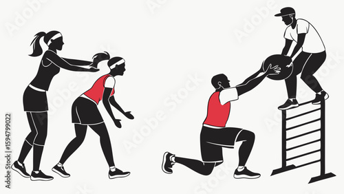 Black and red graphic illustration of diverse people engaged in fitness training. Men do medicine ball plyometric lunges, women perform assisted exercises.