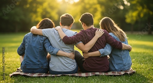 Friendship in Golden Light: Back View of Two Boys and Two Girls Embracing on a Blanket Outdoors, Sharing a Peaceful Sunset Moment