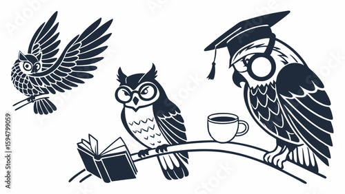 Three wise owls illustration showing a flying owl, an owl reading a book with glasses, and a graduate owl with a cap and coffee, black and white vector art for learning.