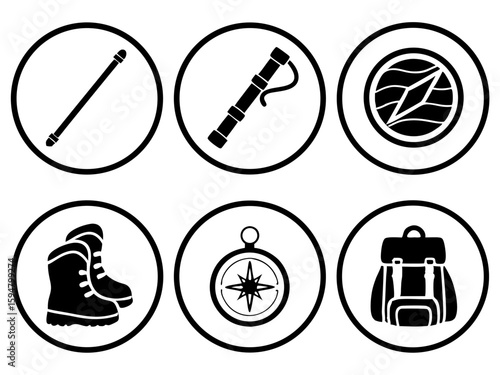 Outdoor adventure gear icons compass boots backpack and trekking pole