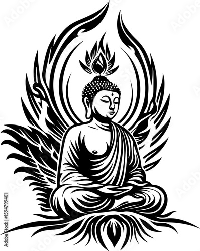 SVG skull with lantern guardians theme in tattoo style. Serene Buddha Illustration with Elegant Flame and Wing Motifs