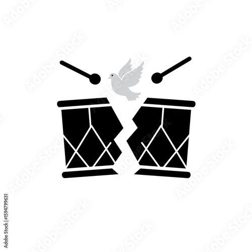 Icon of broken drums with a dove and mallets on a transparent background symbolizing peace and music