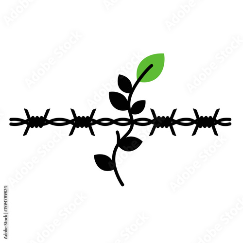 Icon of barbed wire with a sprout on a transparent background symbolizing resistance and peace