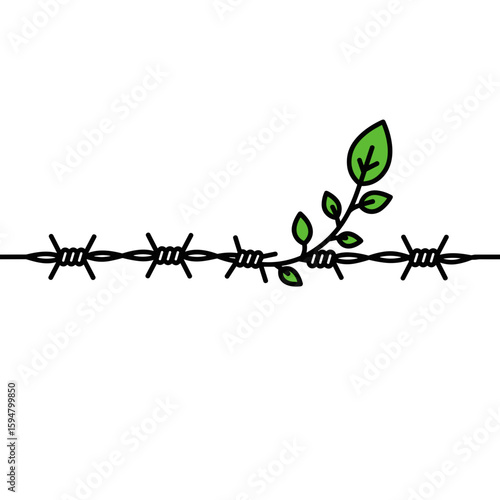 Icon of barbed wire with a sprout on a transparent background representing hope and peace