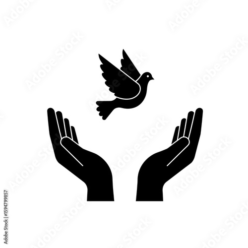 Icon of hands holding a flying dove on a transparent background representing peace and hope
